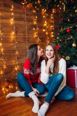 Evdeki Noel ağacında oturup eğlenen iki mutlu genç kadın.