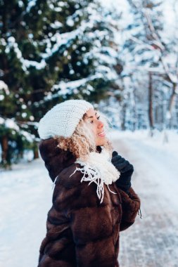 Mutlu Afro-Amerikalı kız kışın güneşli bir günde parka bakıyor.