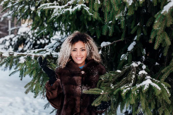 화창 한 겨울 날 야외에서 미소짓고 있는 아프리카 계 미국인 여성의 겨울 초상화 — 스톡 사진