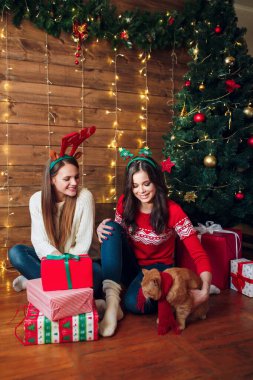İki güzel kadın Noel ağacının yanında güzelce paketlenmiş Noel hediyeleri tutuyor.