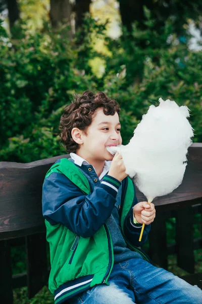 Happy little boy eating cotton candy in park — Stock Photo, Image