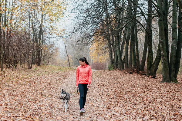 Ung attraktiv sport flicka kör med hund i höstparken — Stockfoto