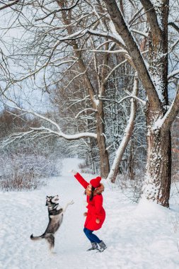 Genç kadın ile onun Husky köpek kış parkta oynarken