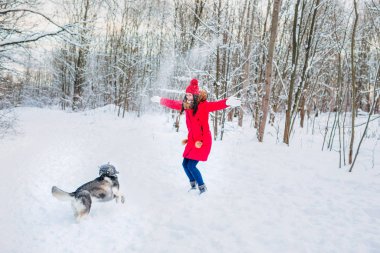 Güneşli kış günlerinde karlı havada köpek gibi güçlü köpeklerle oynayan bir kadın.
