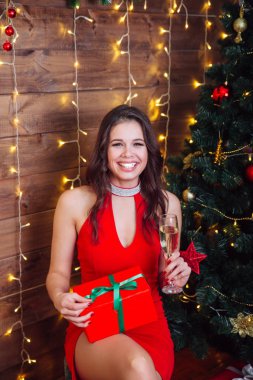 Kırmızı elbiseli zarif bir kadın elinde şampanya bardağı ve Noel ağacının yanında hediye kutusu tutuyor.