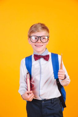Mavi okul çantasıyla siyah gözlüklü ve sarı fırında kitap yazan mutlu, zeki çocuk..