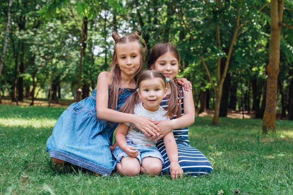 Tres chicas graciosas abrazándose y jugando en la hierba en el parque de verano — Foto de Stock