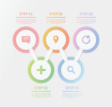 Modern vektör infografik tasarımı. İşlem şeması, sunumlar, iş akışı düzeni, afiş, akış şeması, yıllık rapor, bilgi grafiği için şablon. Renkli gradyan etiketleri ve simgeleri.