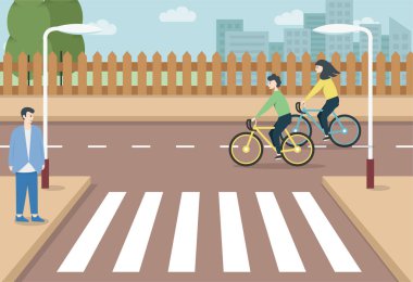 Erkek ve Kadın Karakterleri Bisikletle Şehirde. Yaya geçidinde Yolu geçen adam, yaya geçidi, yaya geçidi ve kentsel manzara çizimi. Aktif İnsanlar Şehirde Bisiklet Sürmekten Hoşlanıyor.