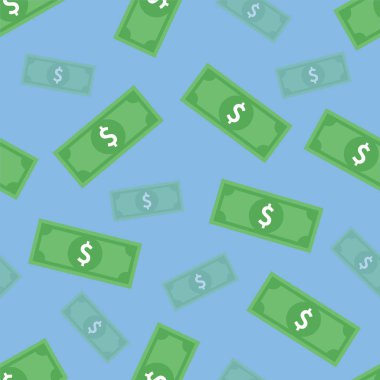 Mavi arka planda düşen banknot. Uçan banknot. Çizgi film tarzında para yağmuru. Gelir ve kar şablonu tasarımı. İş ve para kavramı. Vektör illüstrasyonu.