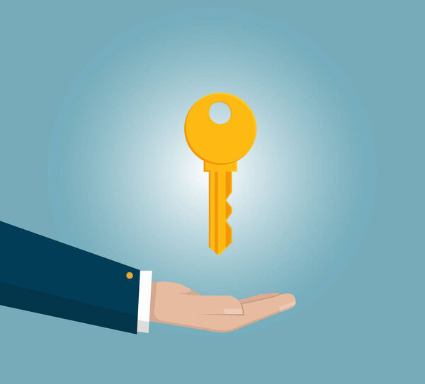 Ключ от руки бизнесмена. Недвижимость, продажа автомобилей, аренда квартир или домов. Векторная иллюстрация плоского дизайна на голубом фоне
.