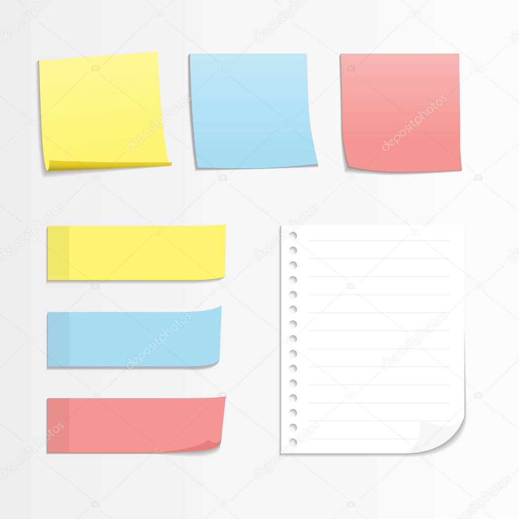 Set Of Four Colorful Sticky Notes and paper clips. ready for your message. Memo notes icons. Realistic vector illustration. Isolated on white background. Front view. Close up.
