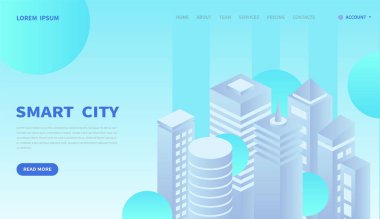 Akıllı Dijital Sanal Şehir ve Akıllı Binalar konsepti. İş merkezi. Teknoloji. Düz dizayn. İniş sayfası şablonu. Ağ ve pankart olarak kullanılabilir. 3d vektör izometrik illüstrasyon.
