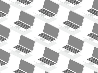 Arka plan için dizüstü bilgisayarsız düz izometrik kalıp. Modern vektör 3d çizimi. İnternet ve afiş tasarımı için teknoloji ve sosyal medya kavramı. Analiz verileri ve yatırımlar. İş başarısı.