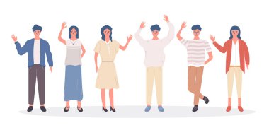 Neşeli insanların bir araya toplanması ve el sallamaları. Beyaz arka planda izole edilmiş mutlu ve genç karakter. Neşeli bir gülümseme. Erkek, kadın, günlük kıyafetler, ulusal kostümler merhaba diyor. Düz biçim.