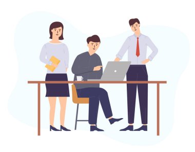 Takım etkileşimi vektörü, kadın ve erkek masada oturup beyin fırtınası yapıyor. Konferans ve seminer, sunum tahtası. Takım çalışması ve ortaklık konsepti. Vektör illüstrasyonu