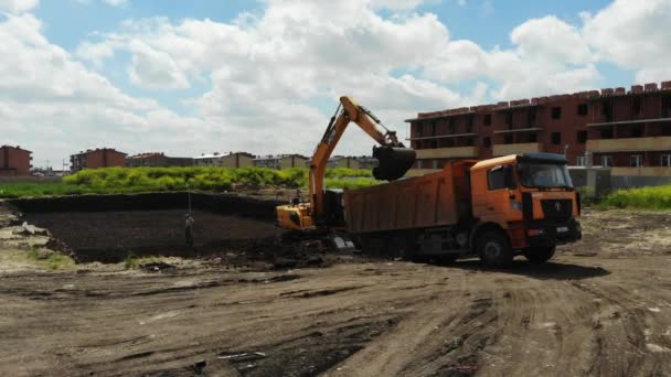 Excavator Digs Pit Work Machinery Construction Site Work Special Machines — Stock Video