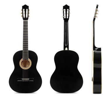 Siyah klasik gitar ön, arka ve yan görünüm beyaz arka plan üzerinde izole.