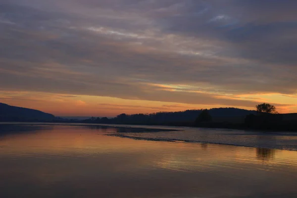 Nuages Sur Lac Hongrois Coucher Soleil — Photo