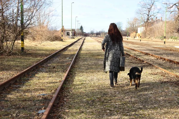 Dog and woman on railways.