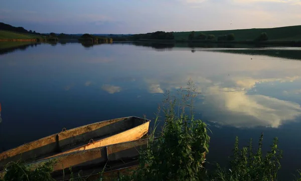 Boat Hungarian Lake Sunset Time — Stock Photo, Image