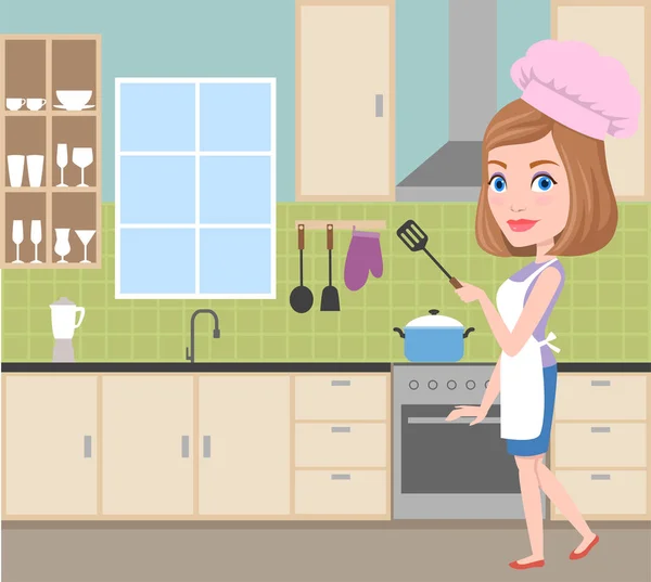 Leuke Vrouw Koken Keuken — Stockvector