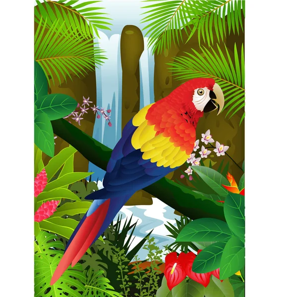 Papagaio Desenhos Animados Nos Ramos Uma Árvore Tropical — Vetor de Stock