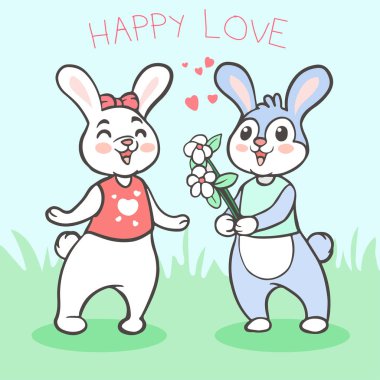 Sevimli tavşan oğlan kıza çiçek veriyor.