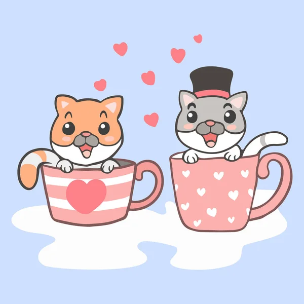 Kartun Dua Kucing Lucu Duduk Cangkir - Stok Vektor