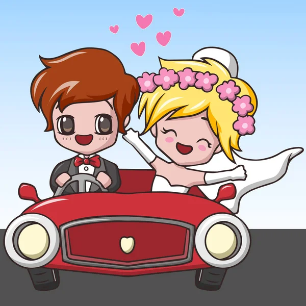 Lindo Feliz Boda Parejas Cabalgando Rojo Coche — Vector de stock