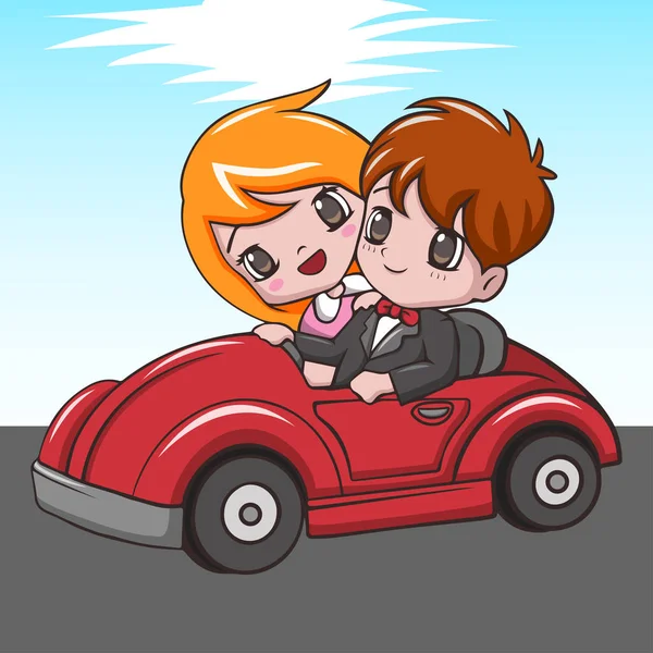 Mignon Heureux Mariage Couples Équitation Rouge Voiture — Image vectorielle