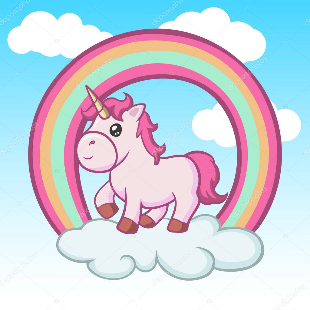 Cute baby unicorn on clouds and rainbow
