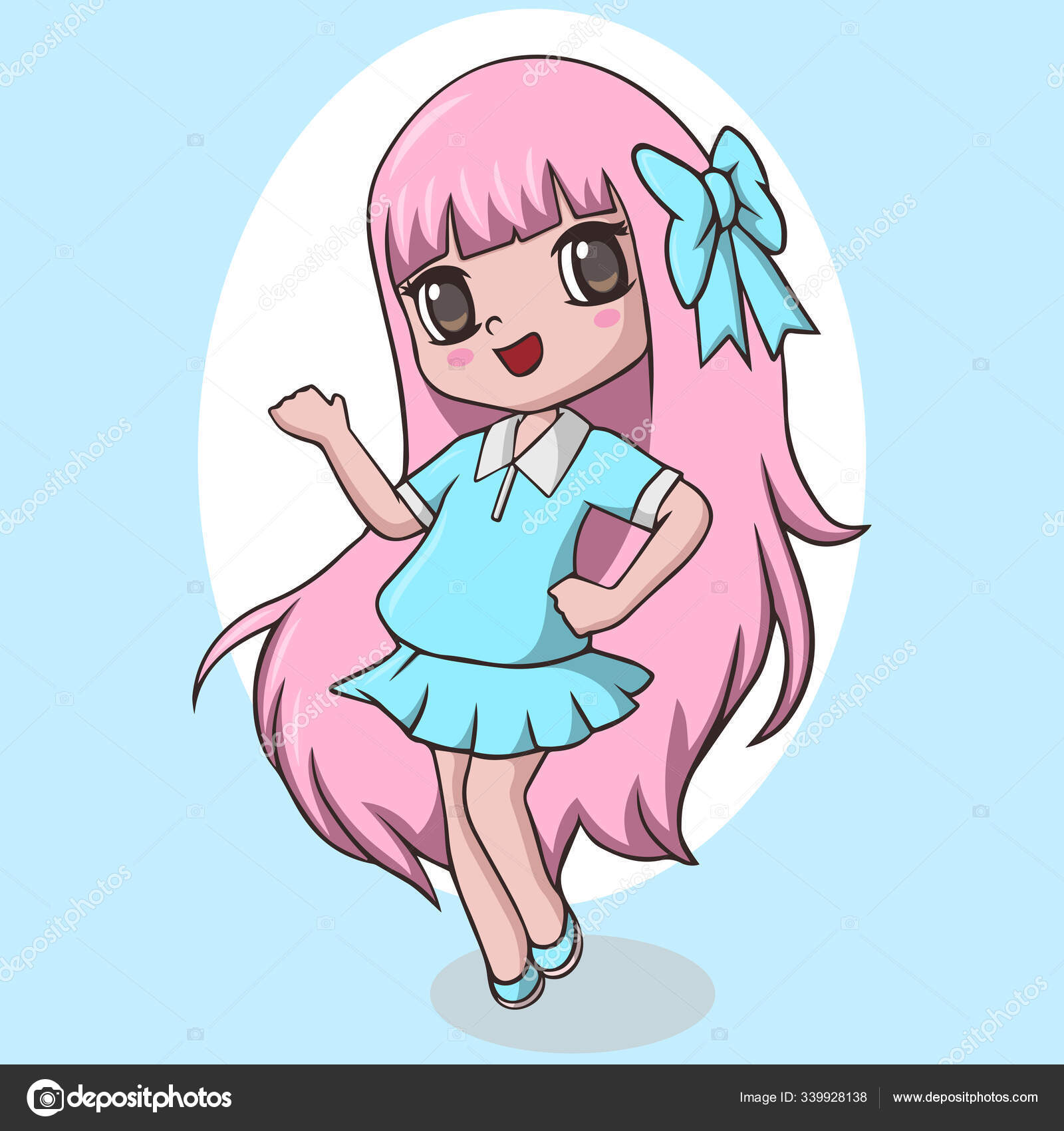 Desenho animado no estilo kawaii de uma linda garota com cabelo colorido  segurando uma boneca de cabelo cor-de-rosa