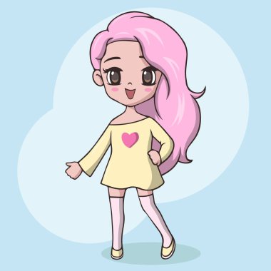 Cute little girl with pink long hair posing clipart