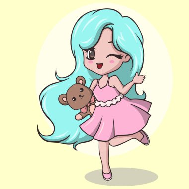 Sevimli küçük kız oyuncak ayı tutuyor ve göz kırpıyor.