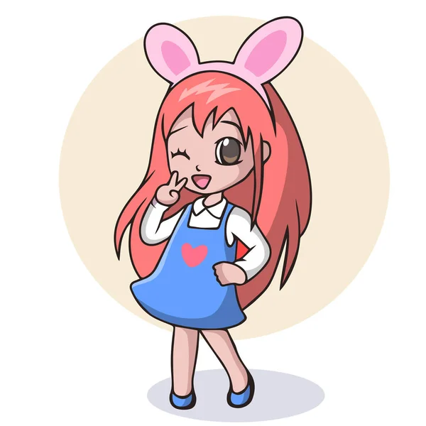 Cartoon Cute Girl Wearing Bunny Ears Peace Sign Hand — 스톡 벡터