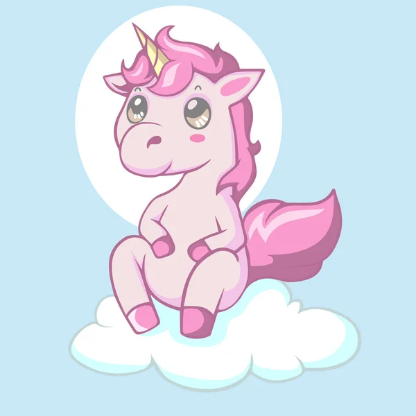 Lucu Kawaii Unicorn Kartun Poni Duduk Atas Awan - Stok Vektor