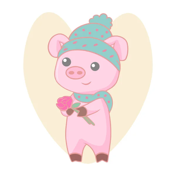 Lindo Cerdito Sombrero Invierno Bufanda Con Flor — Vector de stock