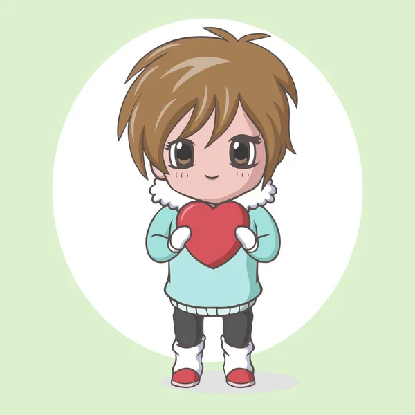Милый Мальчик Кавайи Красным Сердцем — стоковый вектор