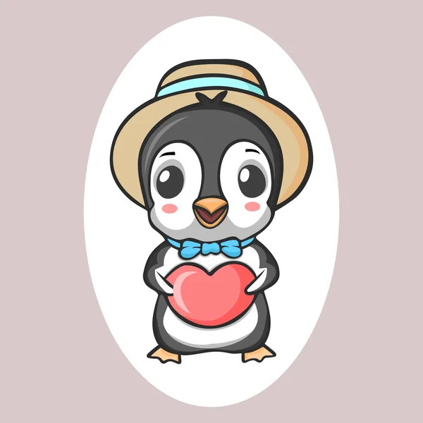 Милый Пингвин Кавайи Красным Сердцем — стоковый вектор
