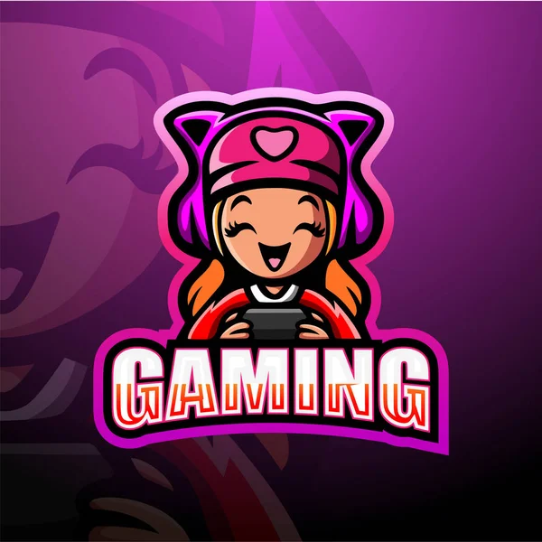 Oyuncu kız maskot esport logo tasarımının vektör illüstrasyonu