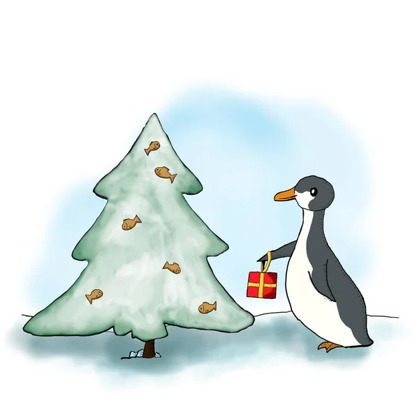 Pingvin och julgran — Stockfoto