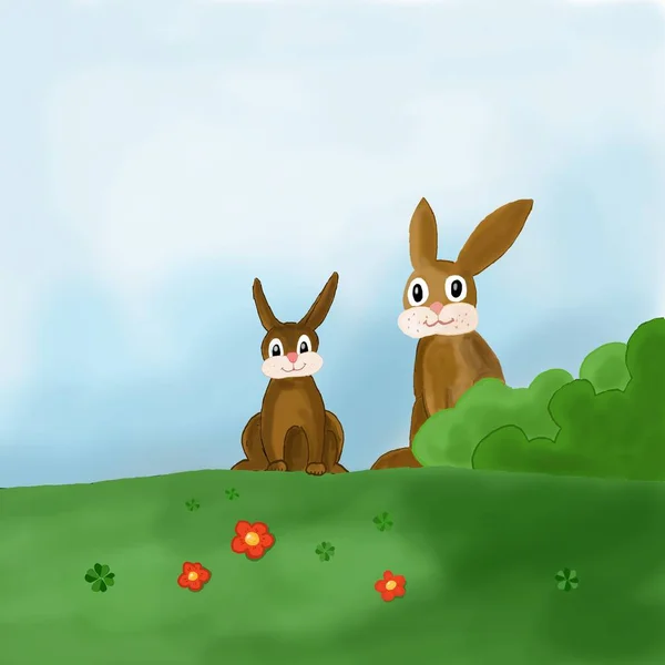 Två kaniner i en äng — Stockfoto