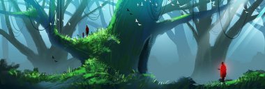 Dijital illüstrasyon resim - woods, büyük ağaçlar ve sis bir ailede.