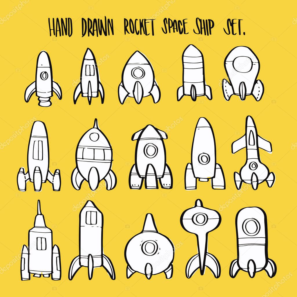 Hand drawn cartoon retro rocket space ship collection set.