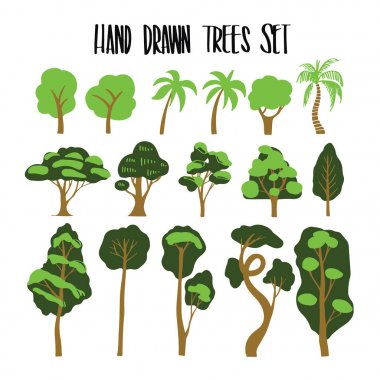elle çizilmiş ağaçlar koleksiyonu infogra hazır, illüstrasyon vektör