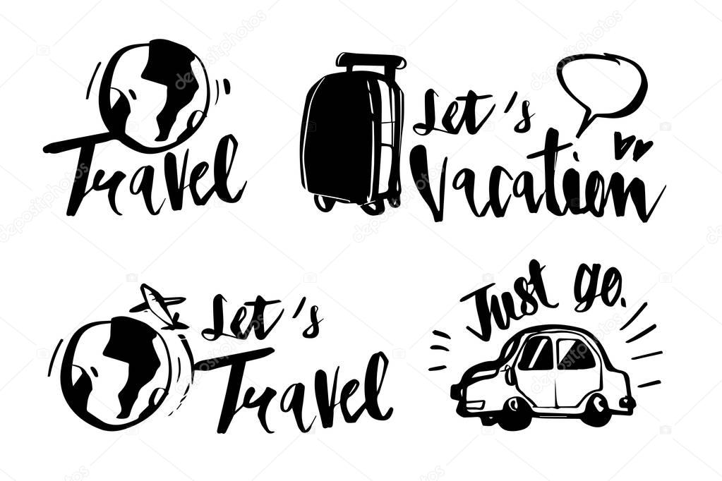 Hand drawn calligraphy Travel icons set. Handwritten lettering. illustration vector label design.