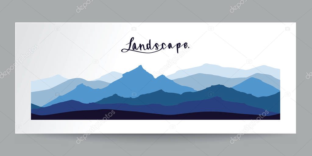Hand drawn flat design, mountains landscape with calligraphy.
