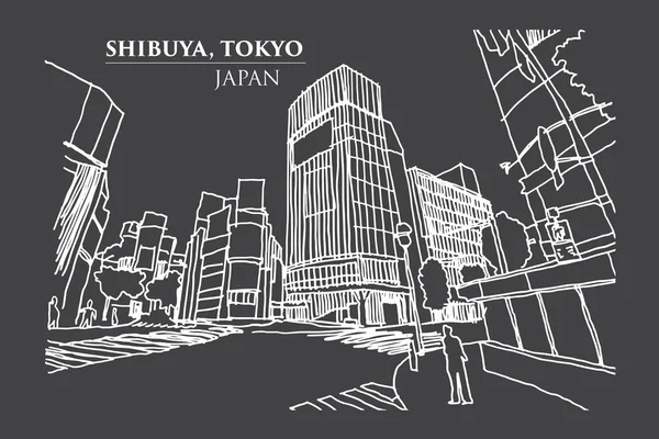 Shibuya přes křižovatku, Tokio, Japonsko v rukopisu perokresby. — Stockový vektor