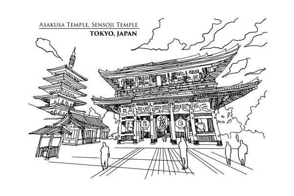 Perspectief van Asakusa Tempel of Sensoji tempel in Tokio, Japan. — Stockvector